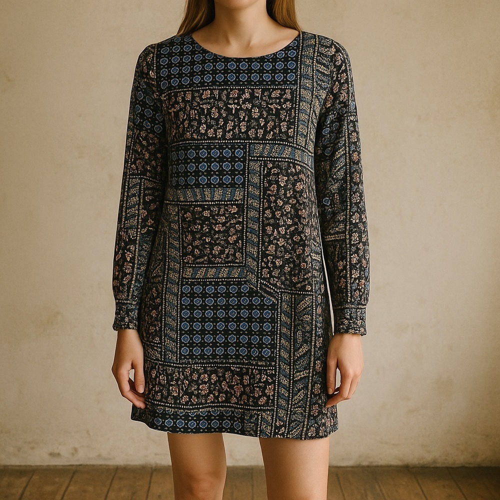 LOFT Eclectic Grandpa Patchwork Floral Long Sleeve Mini Dress Size 6